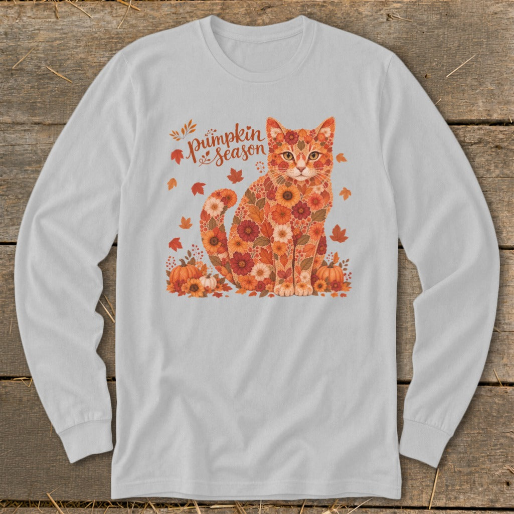 Long sleeve shirt with a cat made of autumnal flowers and pumpkins, text "pumpkin season".