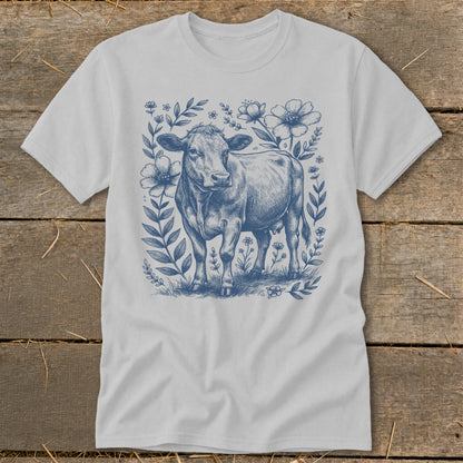 T-shirt with blue line art of a cow surrounded by flowers and leaves.