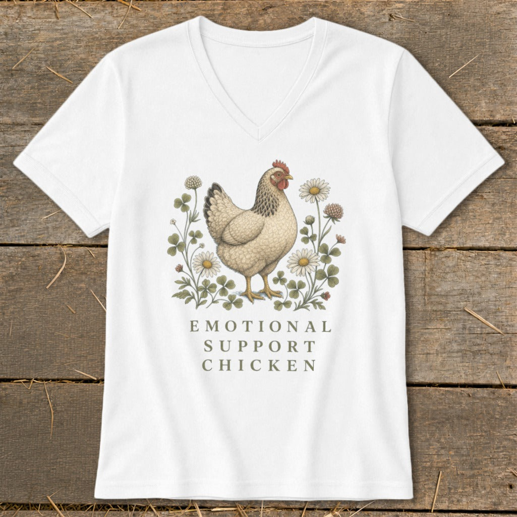 White v-neck t-shirt with a chicken graphic and text "Emotional Support Chicken".