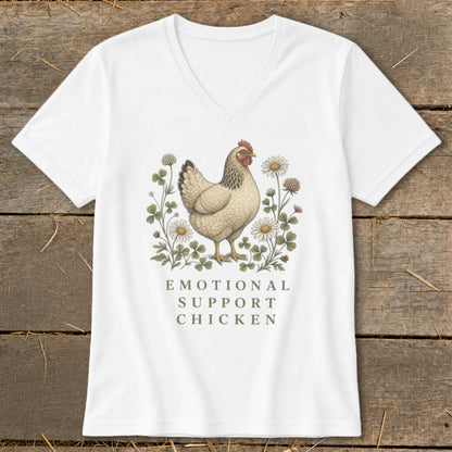 White v-neck t-shirt with a chicken graphic and text "Emotional Support Chicken".