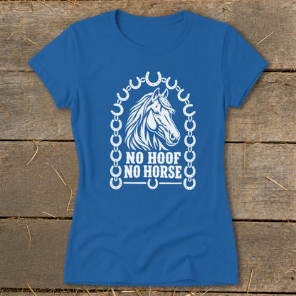 Blue t-shirt with white horse graphic and "No Hoof No Horse" text.