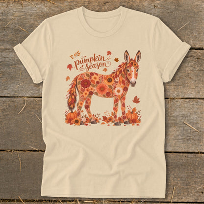 Cream t-shirt with a donkey made of autumn flowers and pumpkins, "Pumpkin Season" text.