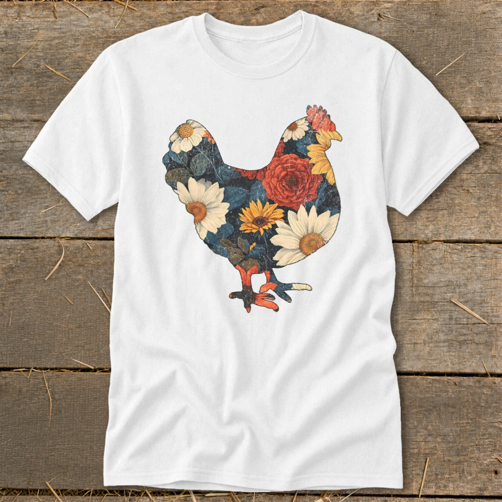 White t-shirt featuring a chicken silhouette filled with a dark floral pattern.