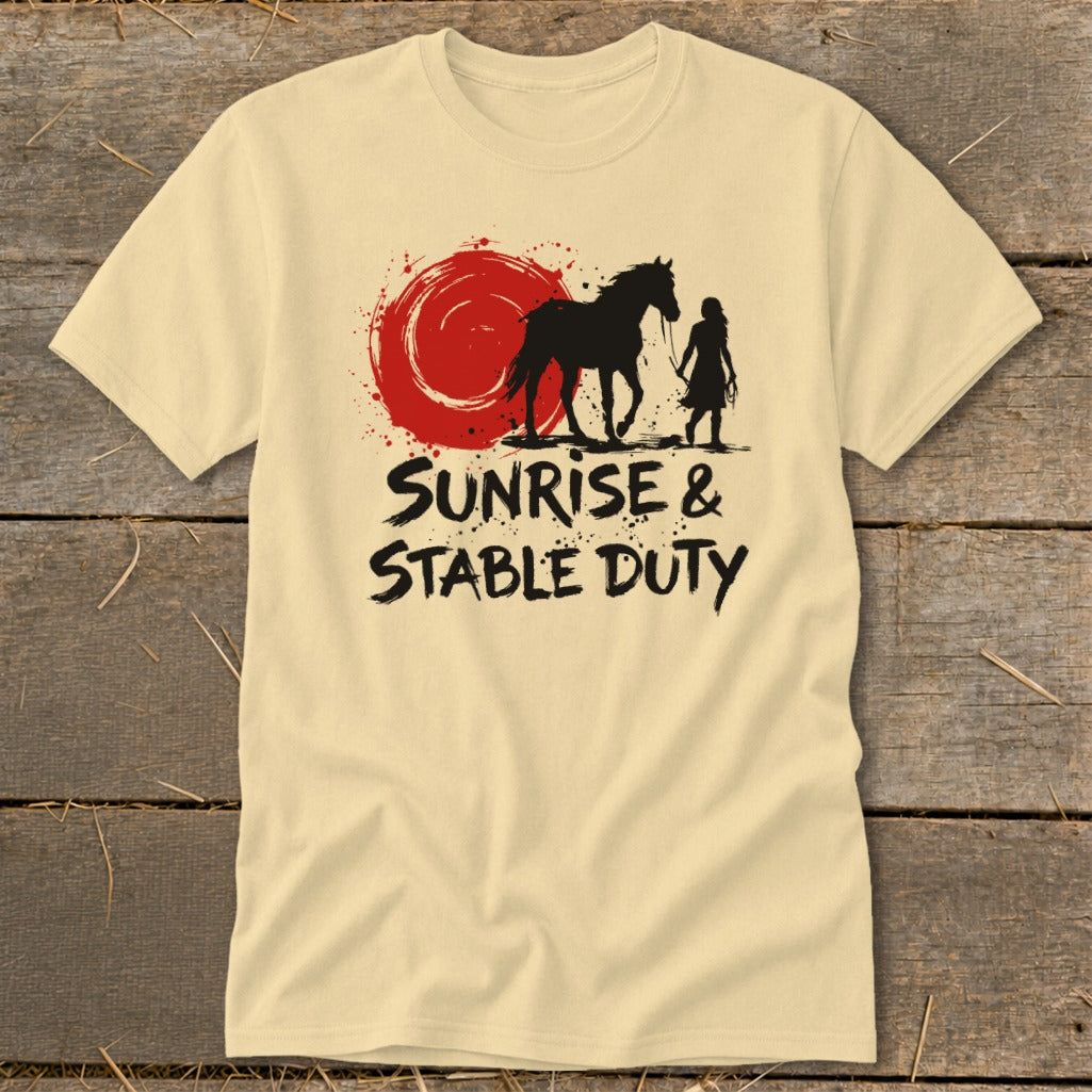 Black silhouette of a horse and person against a red sun with text.