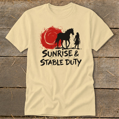 Black silhouette of a horse and person against a red sun with text.