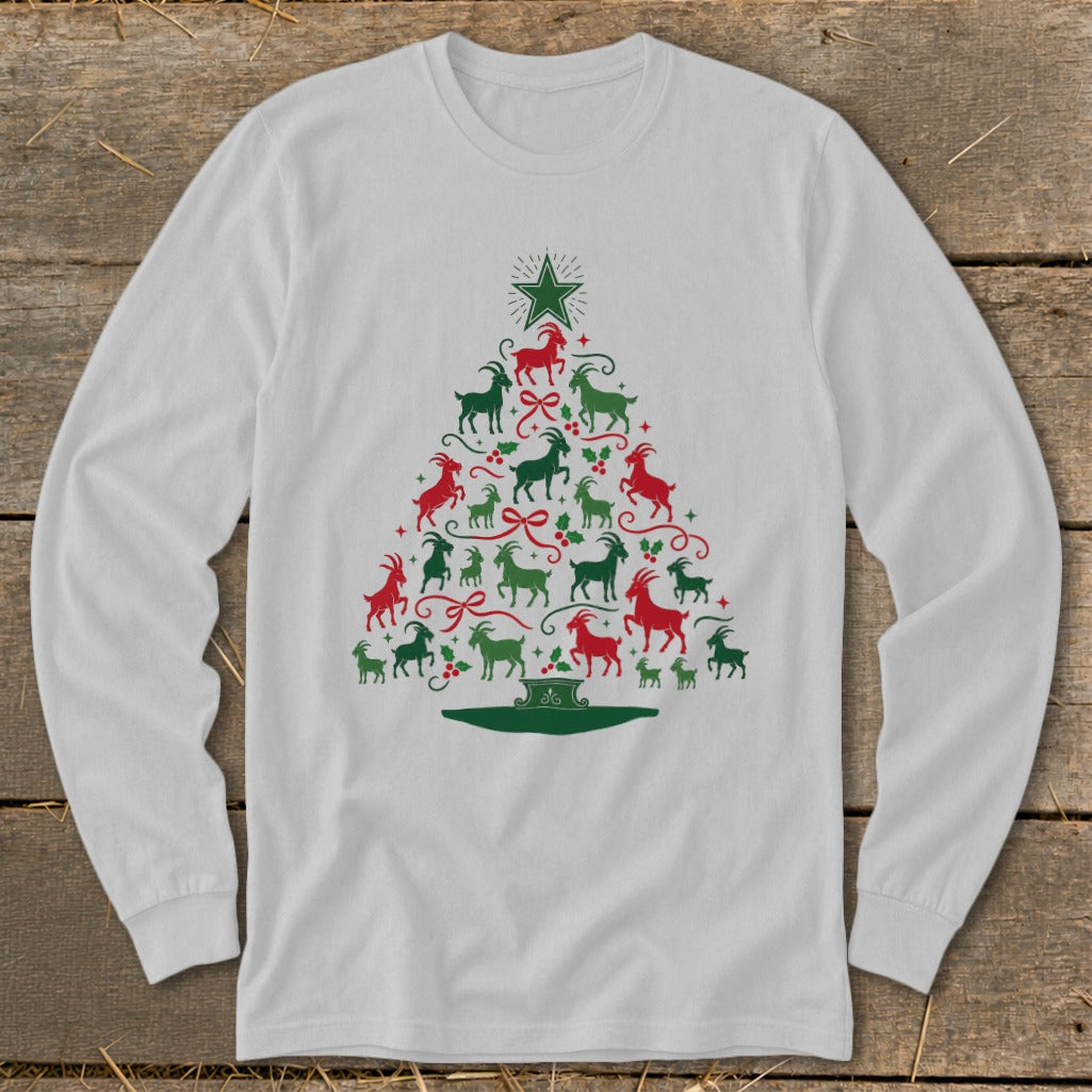 White long sleeve shirt with a Christmas tree design made of red and green goats.