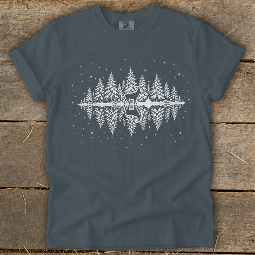 Dark gray t-shirt with white graphic of deer, trees, and reflection.