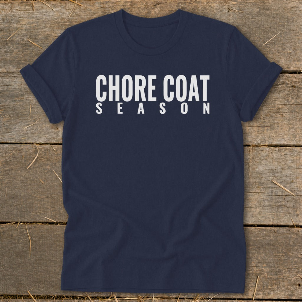 Navy t-shirt with white text "CHORE COAT SEASON"