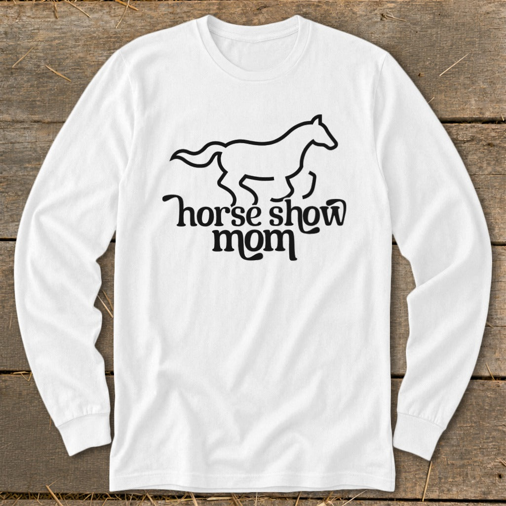 White long-sleeve shirt with black text and horse graphic.