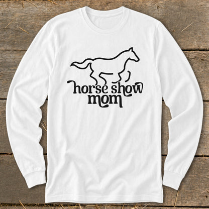 White long-sleeve shirt with black text and horse graphic.