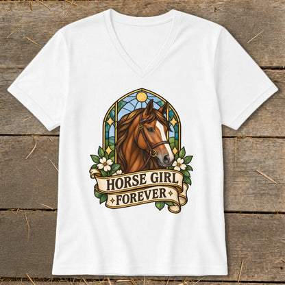 White t-shirt with a horse head inside an arched frame and text that reads "HORSE GIRL FOREVER".