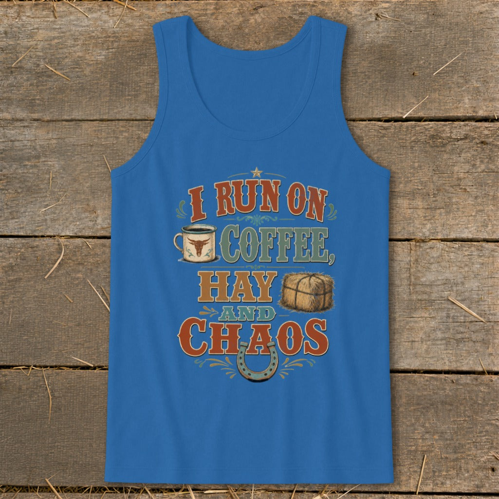 Blue tank top with "I run on coffee, hay, and chaos" graphic.