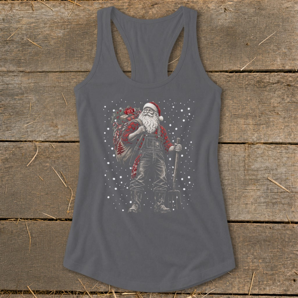Santa Claus in overalls carrying a sack of gifts and a pitchfork, with snow falling.