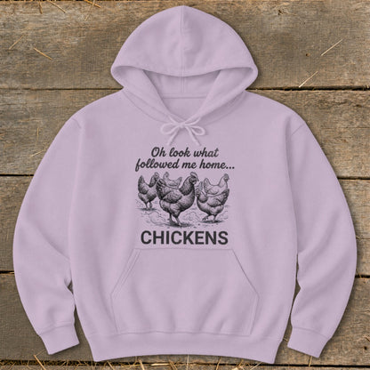 Light purple hoodie with sketch of four chickens and text "CHICKENS".