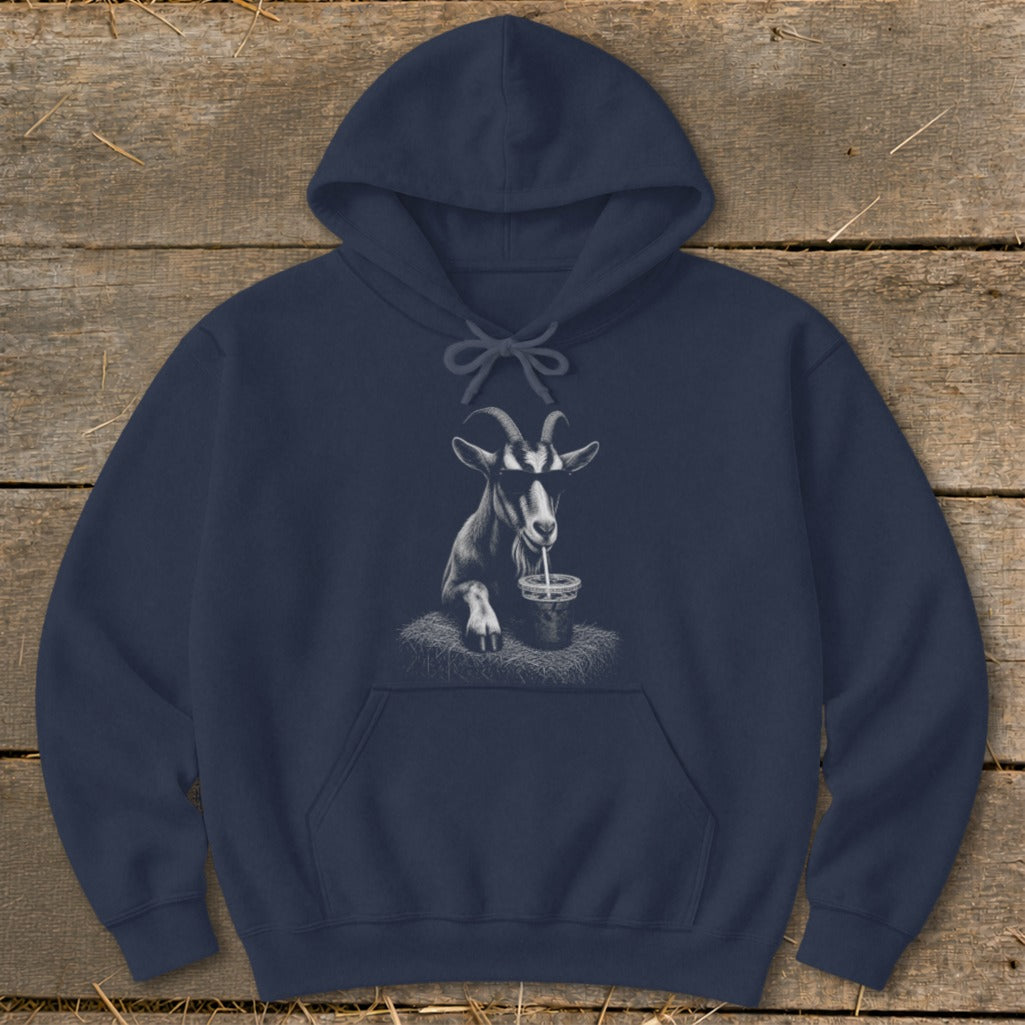 Navy hoodie with a line drawing of a goat wearing sunglasses drinking from a cup.