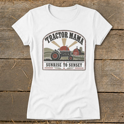 Tractor Mama graphic on white t-shirt with sunrise, tractor, and barn.