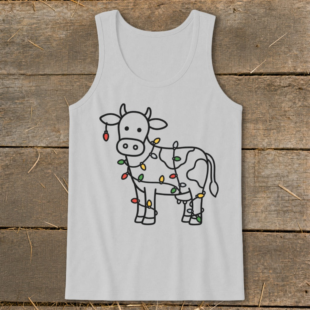 White tank top with a black outline drawing of a cow decorated with colorful Christmas lights.