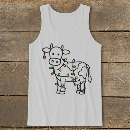 White tank top with a black outline drawing of a cow decorated with colorful Christmas lights.