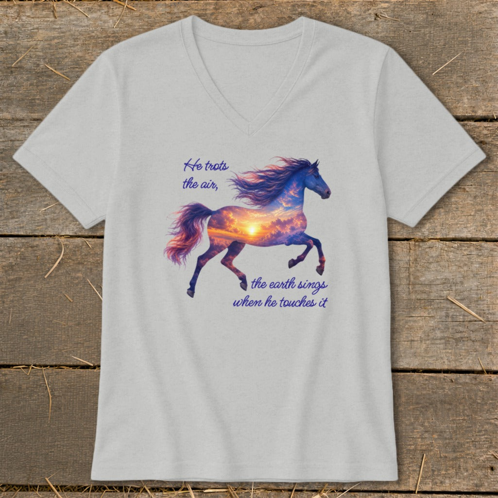 A light gray V-neck t-shirt featuring a graphic of a running horse filled with a sunset sky and text.