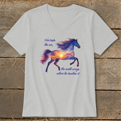 A light gray V-neck t-shirt featuring a graphic of a running horse filled with a sunset sky and text.