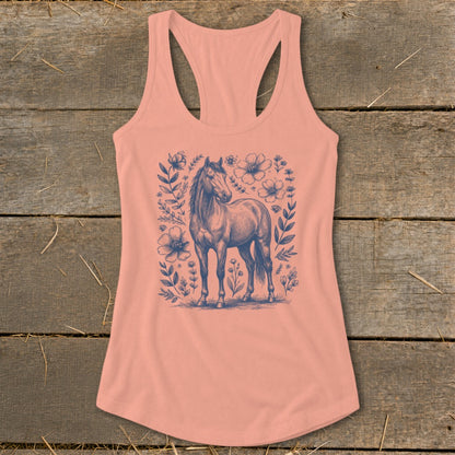 Peach tank top with a blue horse and floral illustration.