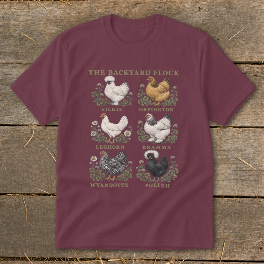 T-shirt with "The Backyard Flock" title and illustrations of six chicken breeds.