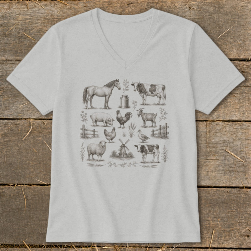 Grey t-shirt with detailed vintage farm animal illustrations arranged in rows.