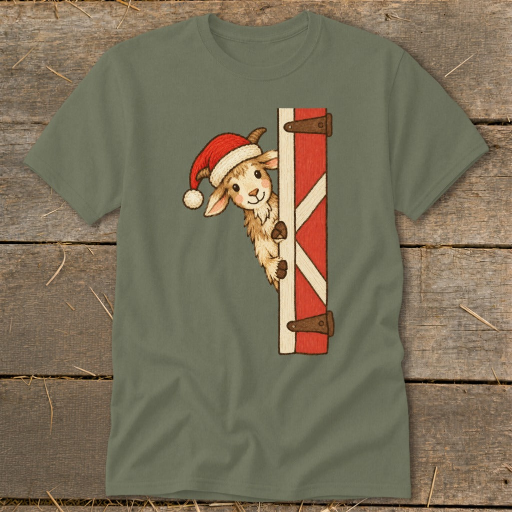 Goat wearing Santa hat peeking around a red barn door graphic.