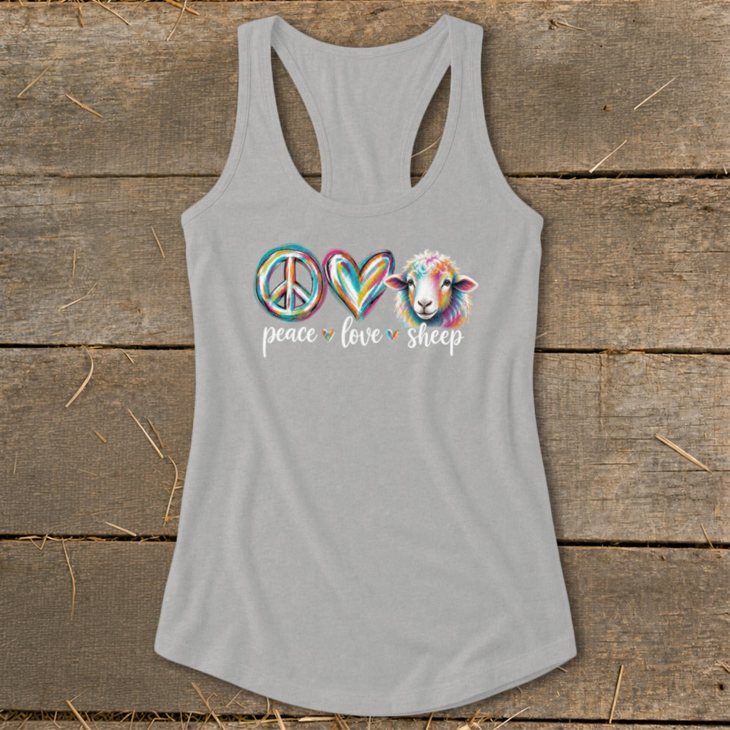 Grey tank top with colorful peace sign, heart, and sheep graphic.