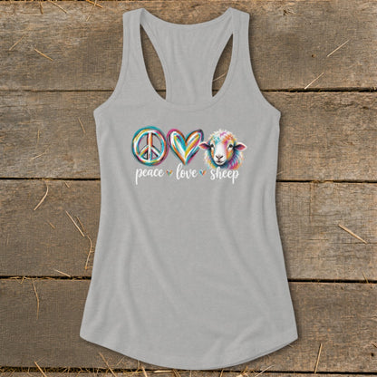 Grey tank top with colorful peace sign, heart, and sheep graphic.
