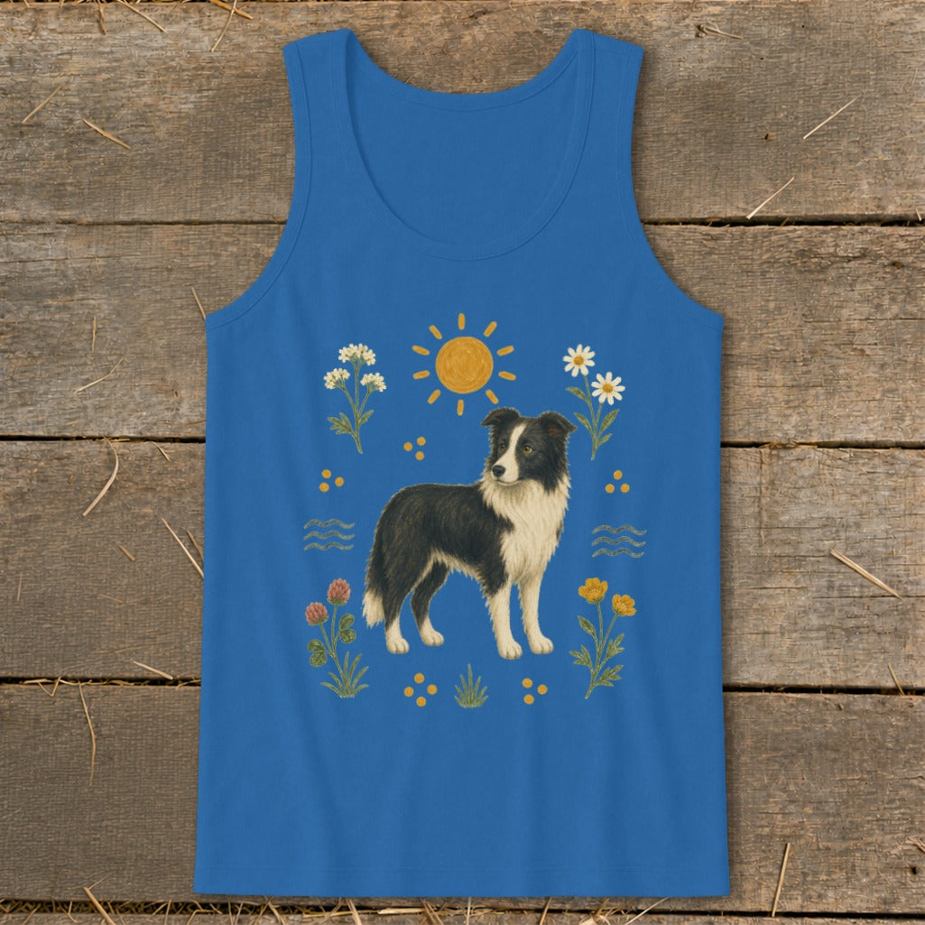 Blue tank top with illustration of a Border Collie surrounded by flowers and sun.