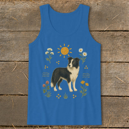 Blue tank top with illustration of a Border Collie surrounded by flowers and sun.