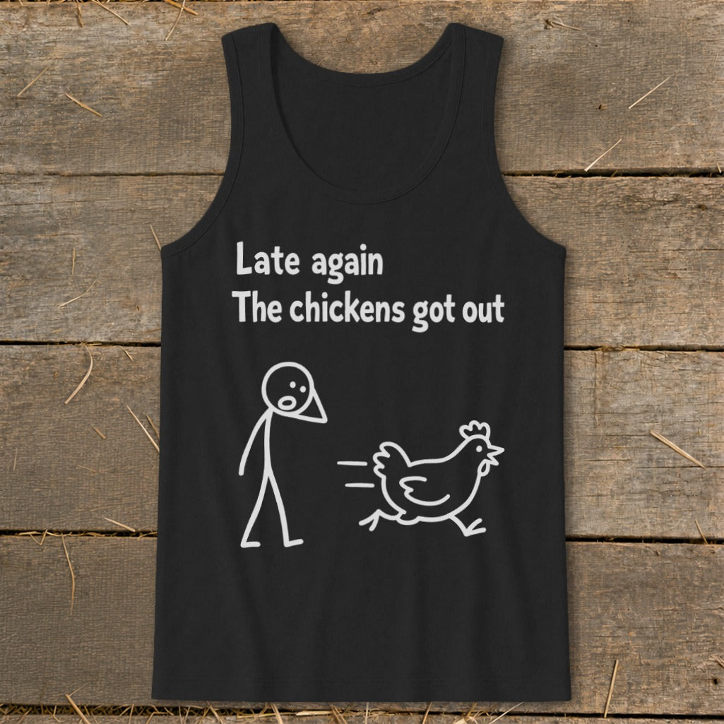 Black tank top with white text and stick figure graphic of person and running chicken.