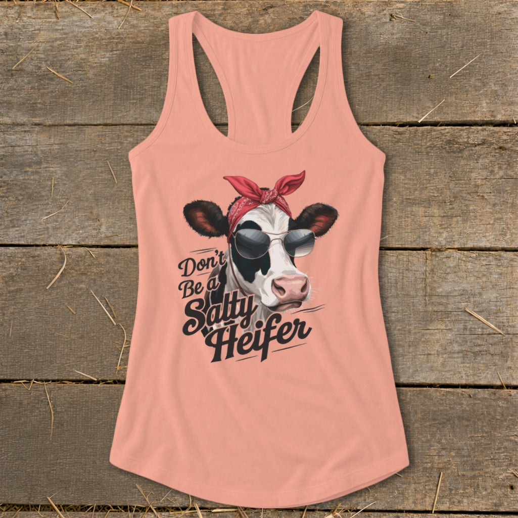 Pink tank top with a cow wearing sunglasses and bandana, text says "Don't Be a Salty Heifer."
