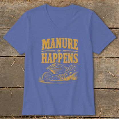 Blue v-neck t-shirt with yellow "MANURE HAPPENS" text and wheelbarrow graphic.