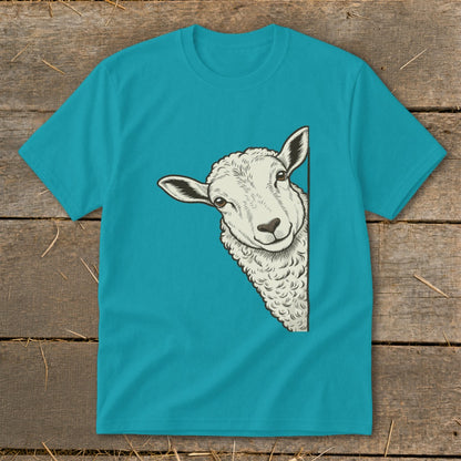 Turquoise t-shirt with a drawing of a sheep peeking around a corner.