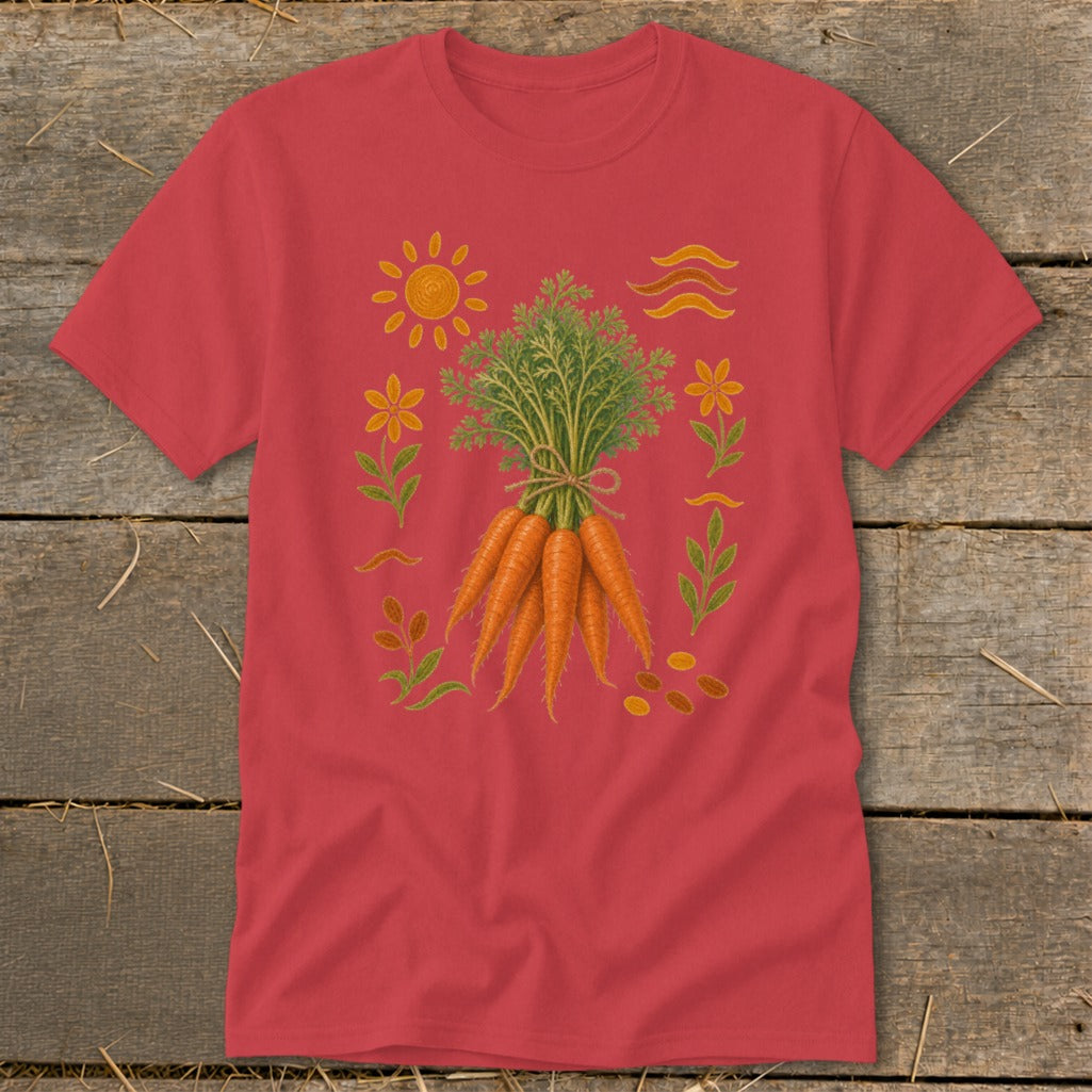 Red t-shirt with a central bunch of carrots and surrounding floral and sun graphics.