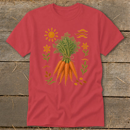 Red t-shirt with a central bunch of carrots and surrounding floral and sun graphics.