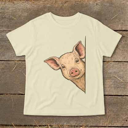 Illustration of a pig peeking from the side on a cream t-shirt.