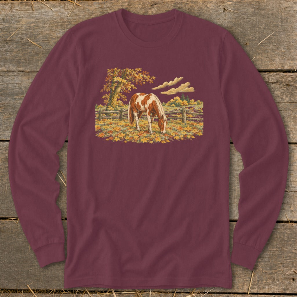 Maroon long-sleeve shirt with a horse grazing in an autumn field.