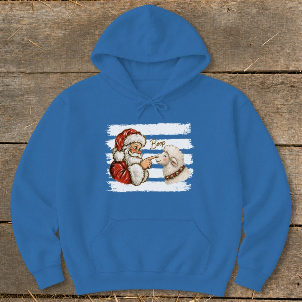 Santa booping a sheep with "Boop" text on a blue hoodie.