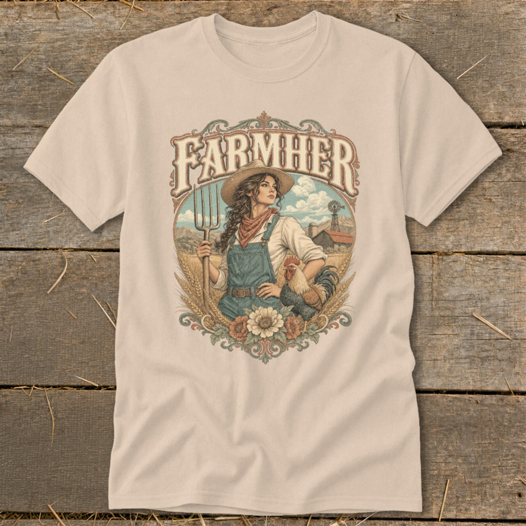 Farmerher graphic with woman, rooster, pitchfork, wheat, and farm background.