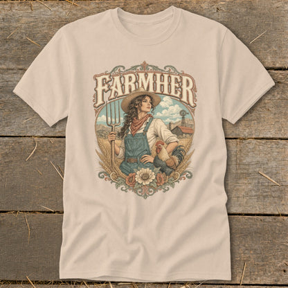 Farmerher graphic with woman, rooster, pitchfork, wheat, and farm background.