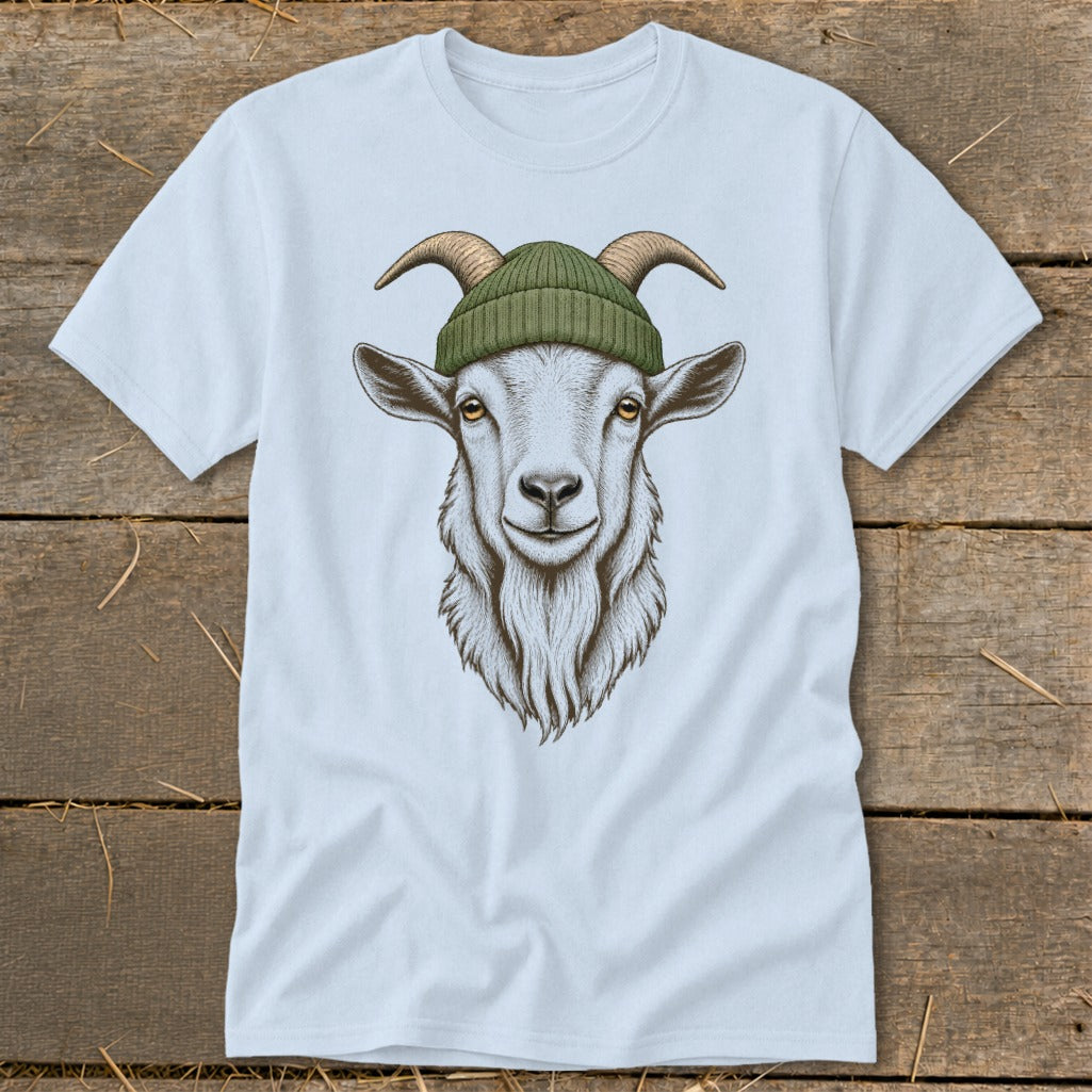White t-shirt featuring a detailed illustration of a goat wearing a green beanie.