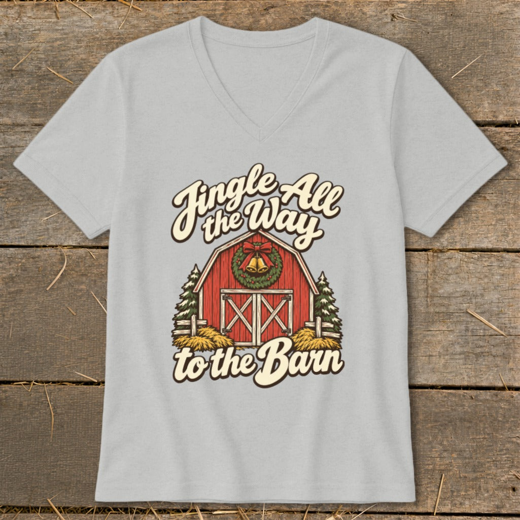 Light grey t-shirt with a vintage Christmas barn graphic and text.