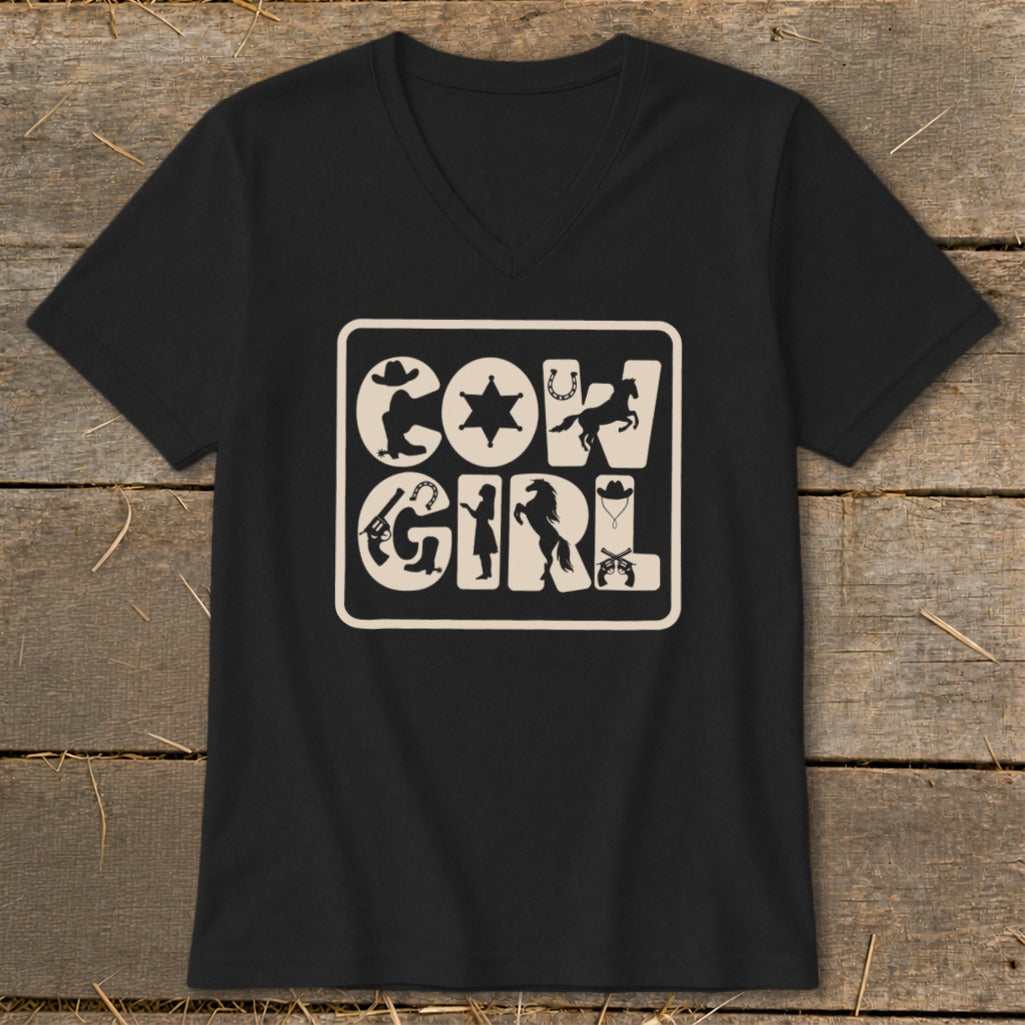 Black t-shirt with "COW GIRL" text and western silhouette graphics.