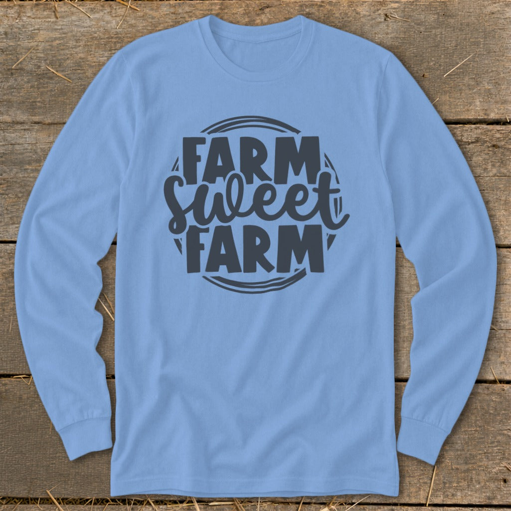 Light blue long-sleeve t-shirt with "Farm Sweet Farm" graphic in dark gray.