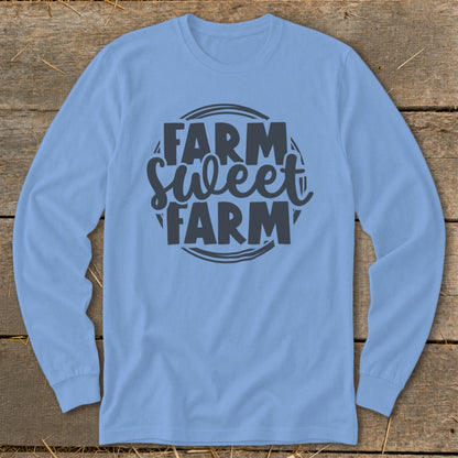 Light blue long-sleeve t-shirt with "Farm Sweet Farm" graphic in dark gray.