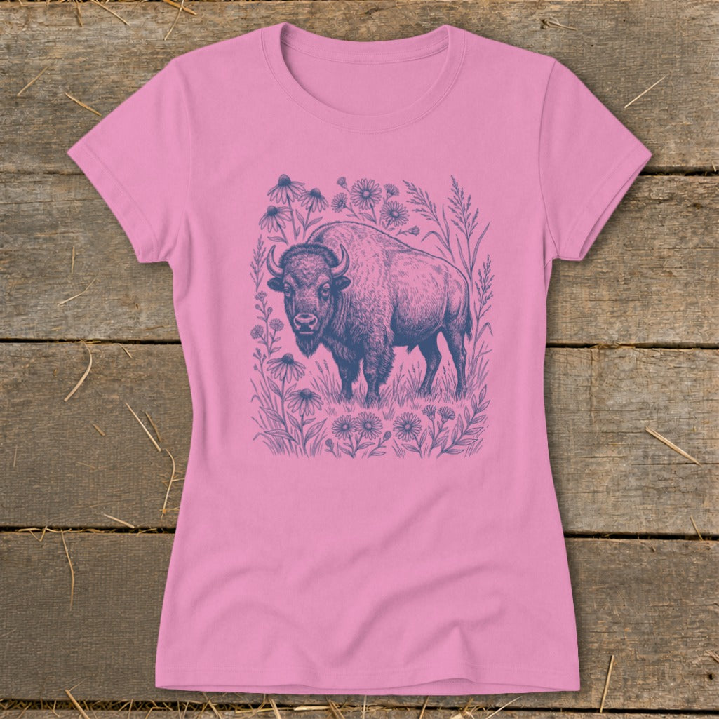 Pink t-shirt with a detailed vintage illustration of a bison in a field of flowers.