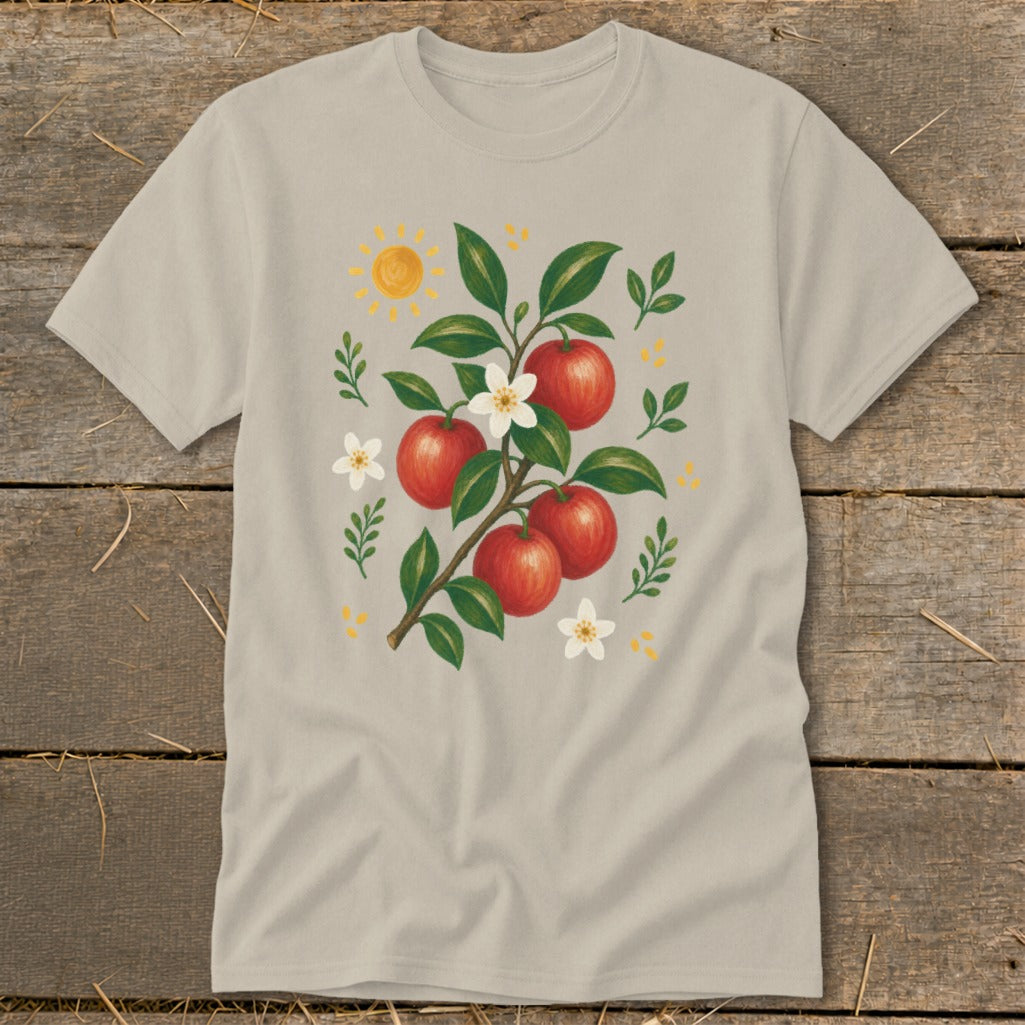 Light tan t-shirt with illustration of apple branch, sun, and flowers.